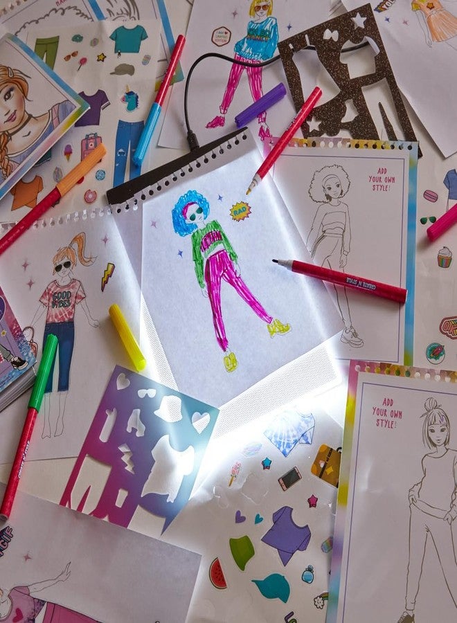 إنوفيتيف ديزاينز مجموعة أدوات الرسم والتتبع المضيئة لتصميم الأزياء من Innovative Designs Create N' Style، مجموعة أنشطة تلوين فنية للأطفال مع ملصقات وقوالب رسم. - Image 5
